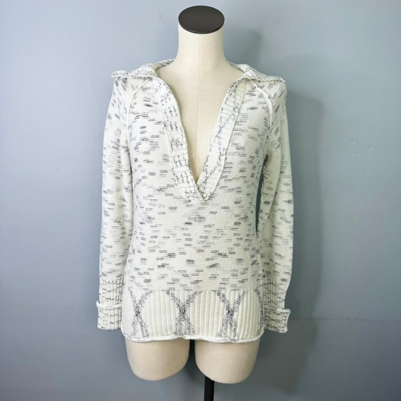 Roxy Black White Gray Marled Deep V-Neck Hooded Cotton Sweater Juniors' Size L - Picture 1 of 15